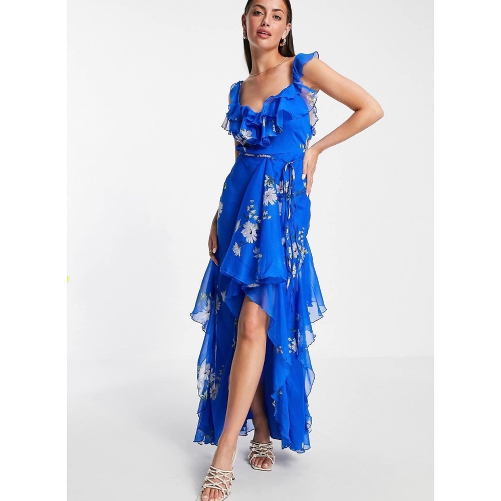 ASOS DESIGN Blue Floral Print Ruffle maxi dress I Size 8 | Dipped Hem